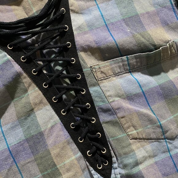 Furst A Kind Plaid Cotton Lace Raw Hem Grunge Preppy Dark Academia Shirt Top XL - Picture 5 of 8